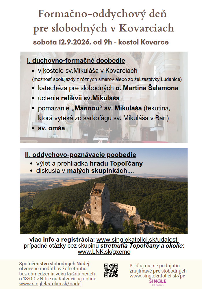 Duchovno-formačný program pre slobodných s o.Martinom v kostole sv. Mikuláša + výlet na Topoľčiansky hrad