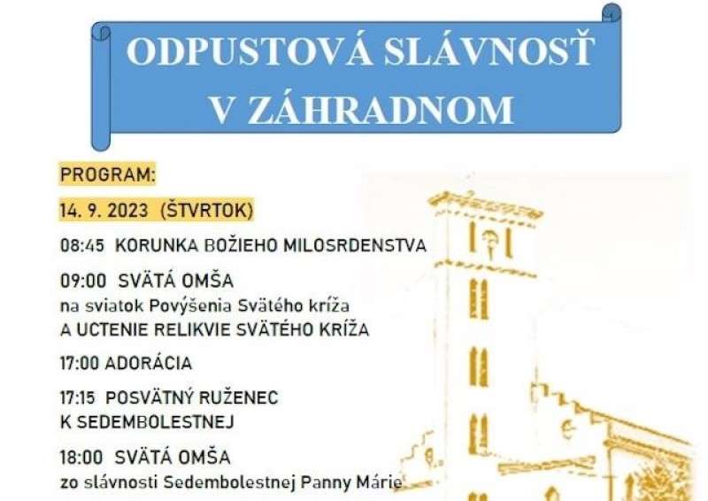 V Záhradnom bude odpustová slávnosť k Sedembolestnej Panne Márii