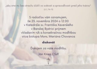 Redemptorista Ján Kniez bude diakon, svätiteľom bude biskup Chovanec